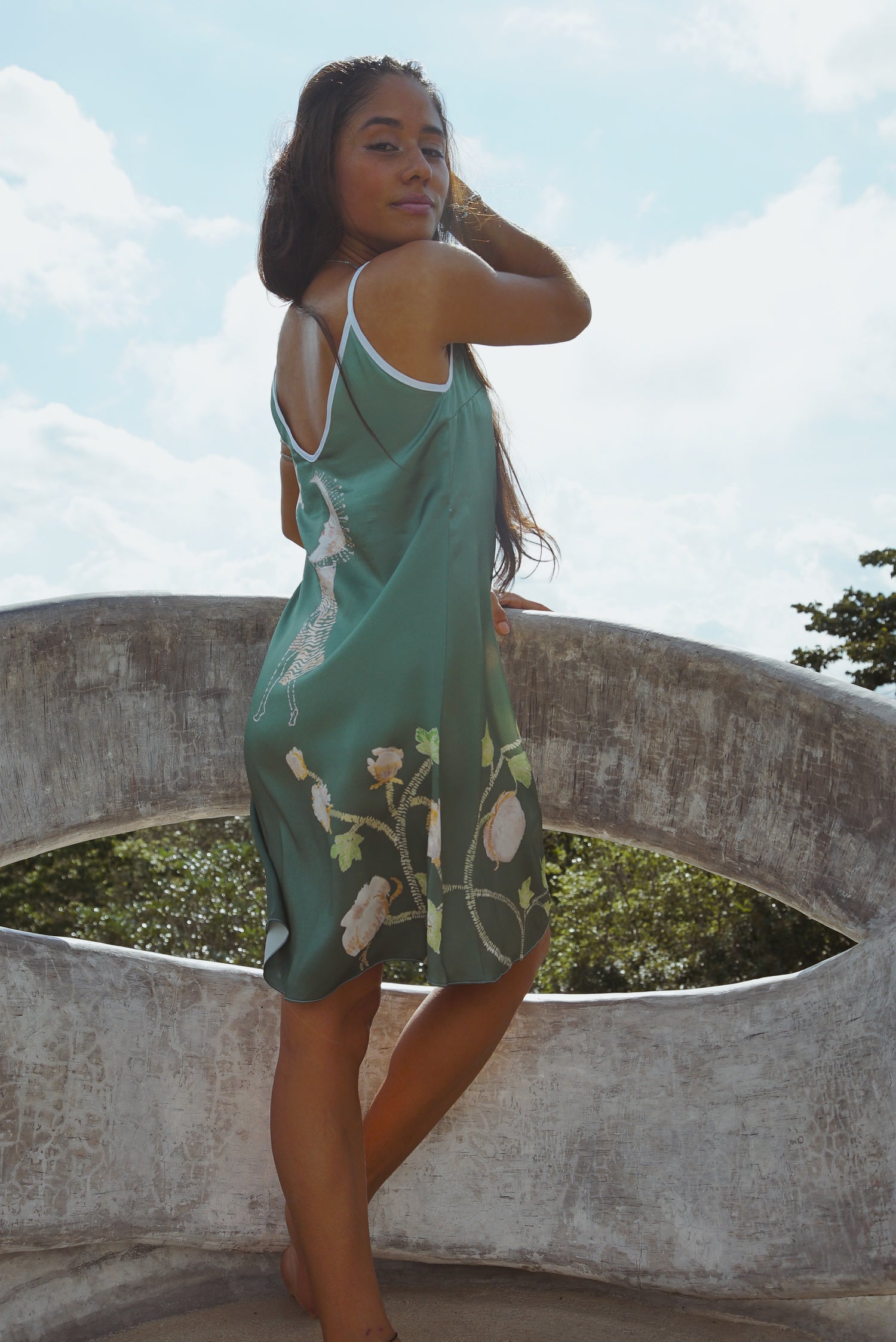 Violet Apollo Vela Silk Slip Dress in Green Jungle Butterfly print, women&