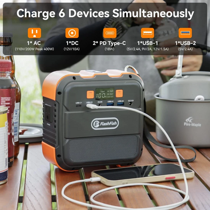 Lilac Milo 98Wh portable power station with multiple USB and AC ports for emergency power supply and tech accessories.