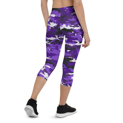 Purple camo Capri leggings by Maroon Sooty, activewear with a fitted design and elastic waistband, shown on a white background.