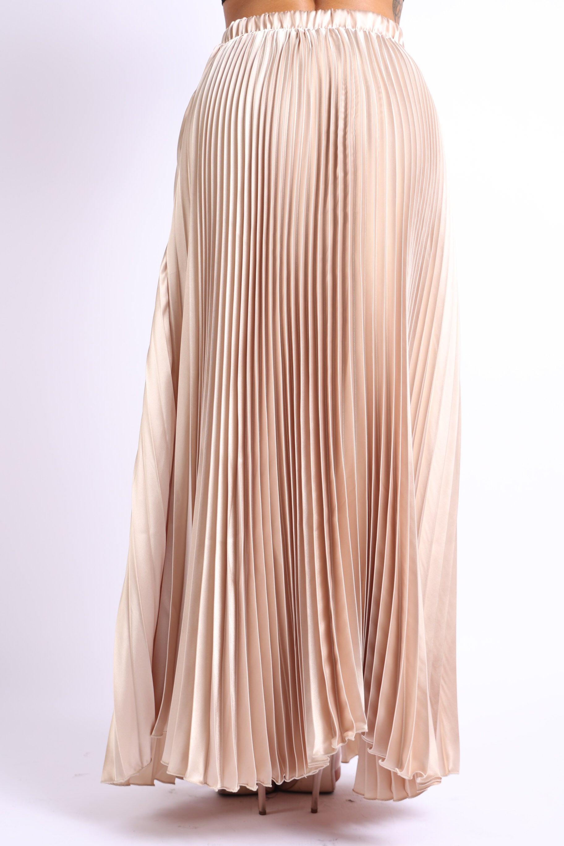 Puce Juniper taupe elastic high waist A-line satin maxi skirt with pleats, suitable for formal and prom occasions.