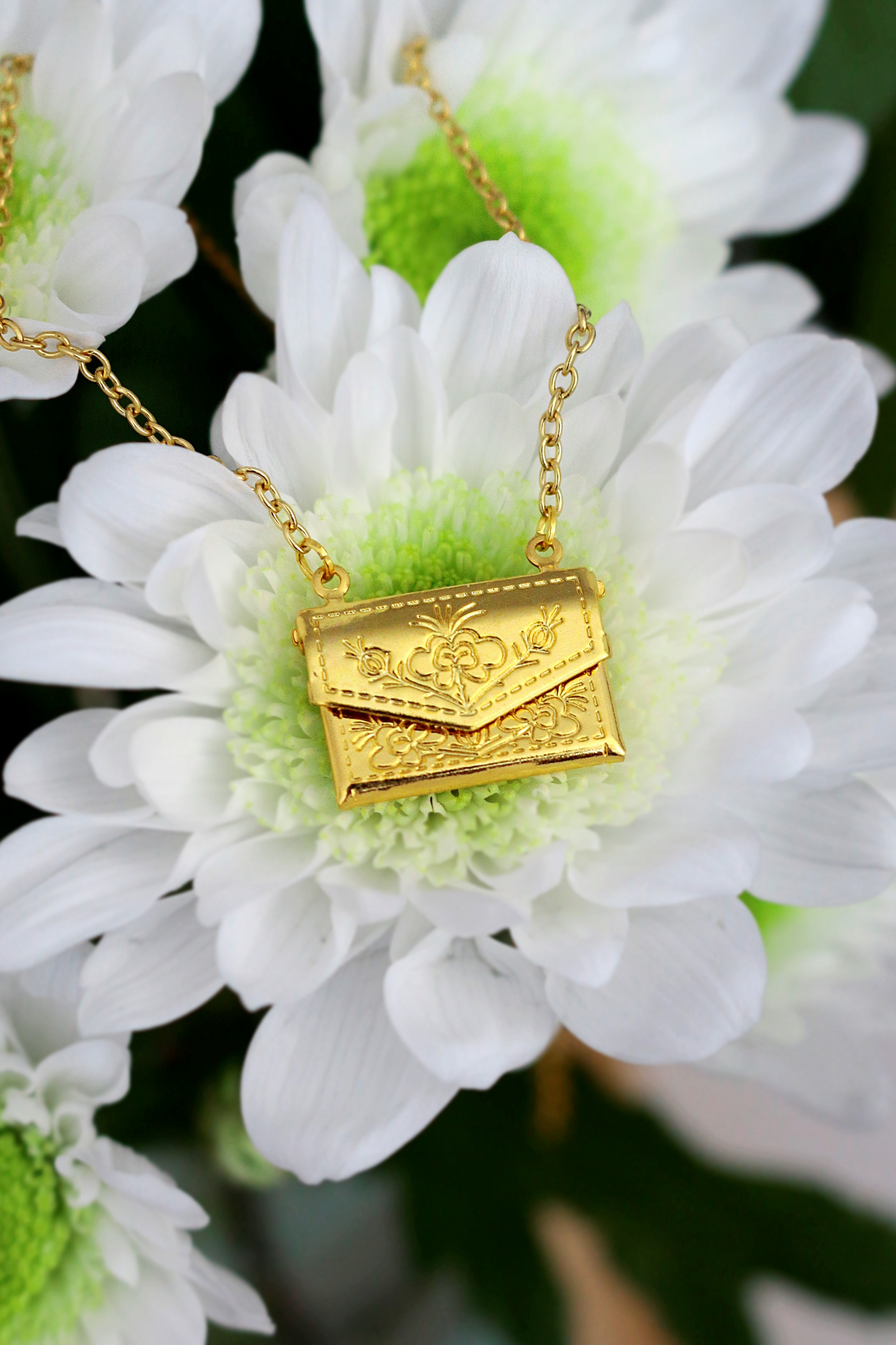 Ultramarine Birch 24 Karats Daisy Envelope Locket Necklace featuring a gold-toned floral envelope pendant on a delicate chain.