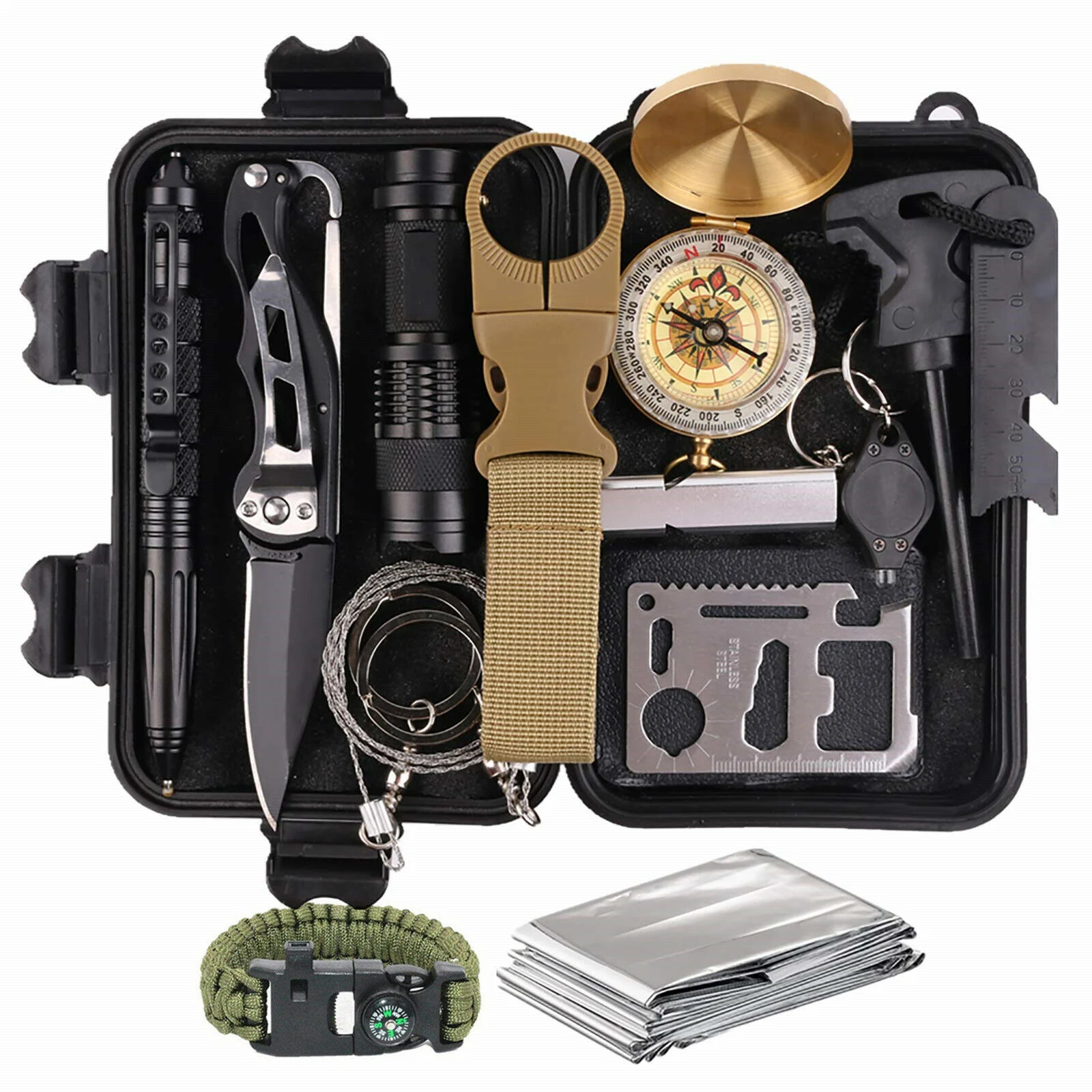 Lilac Milo 14-in-1 outdoor emergency survival gear kit with camping tactical tools, including knives, flashlights, and multitools.