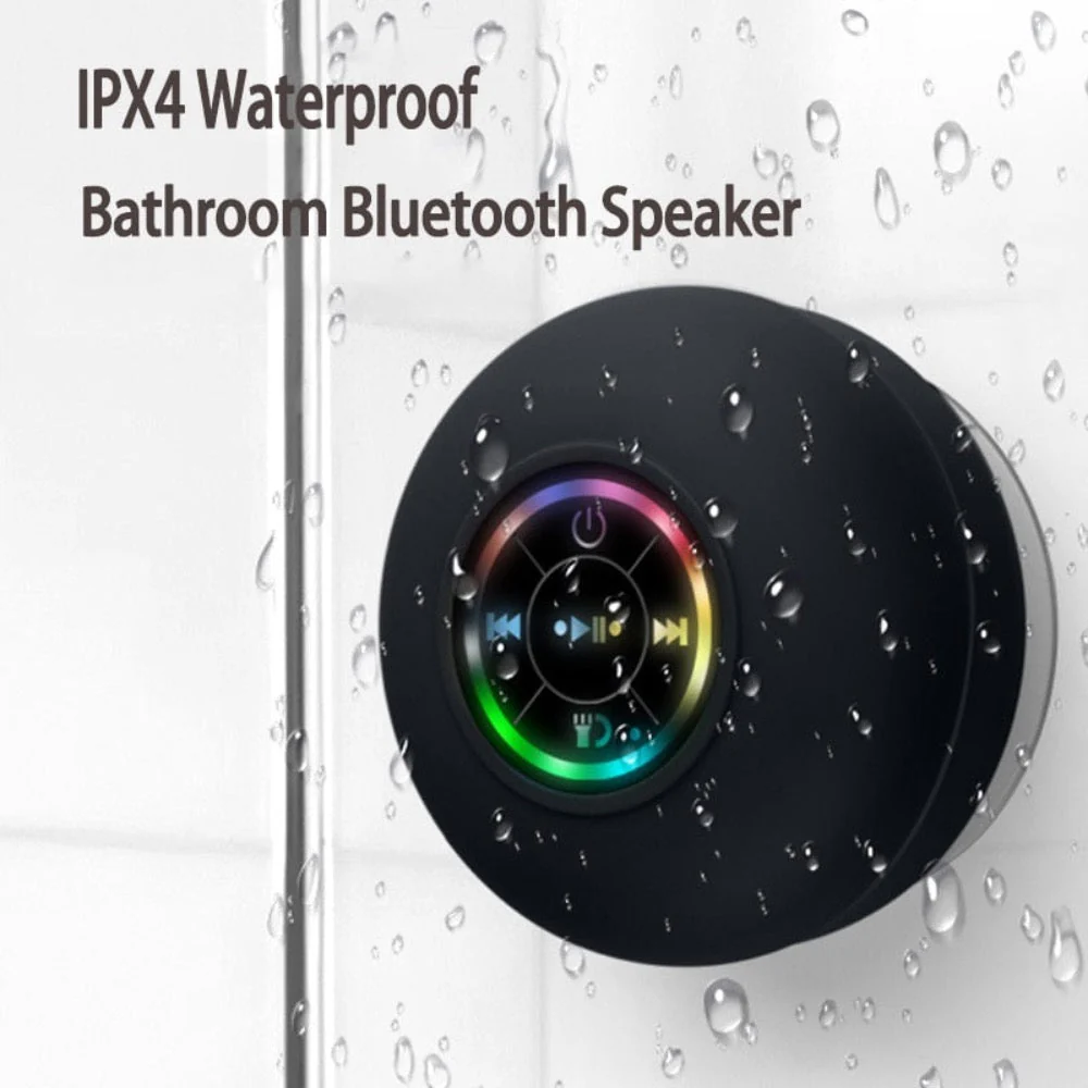 Lilac Milo mini portable waterproof RGB Bluetooth speaker with suction cup, showing colorful lights and compact design.