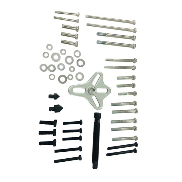 Lilac Milo 46-piece automotive bearing puller set with harmonic balancer and steering wheel removal tools, shown in case.