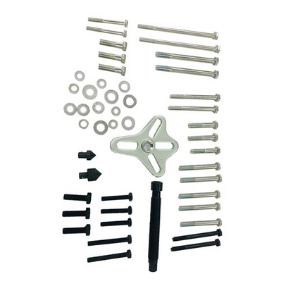 Lilac Milo 46-piece automotive bearing puller set with harmonic balancer and steering wheel removal tools, shown in case.