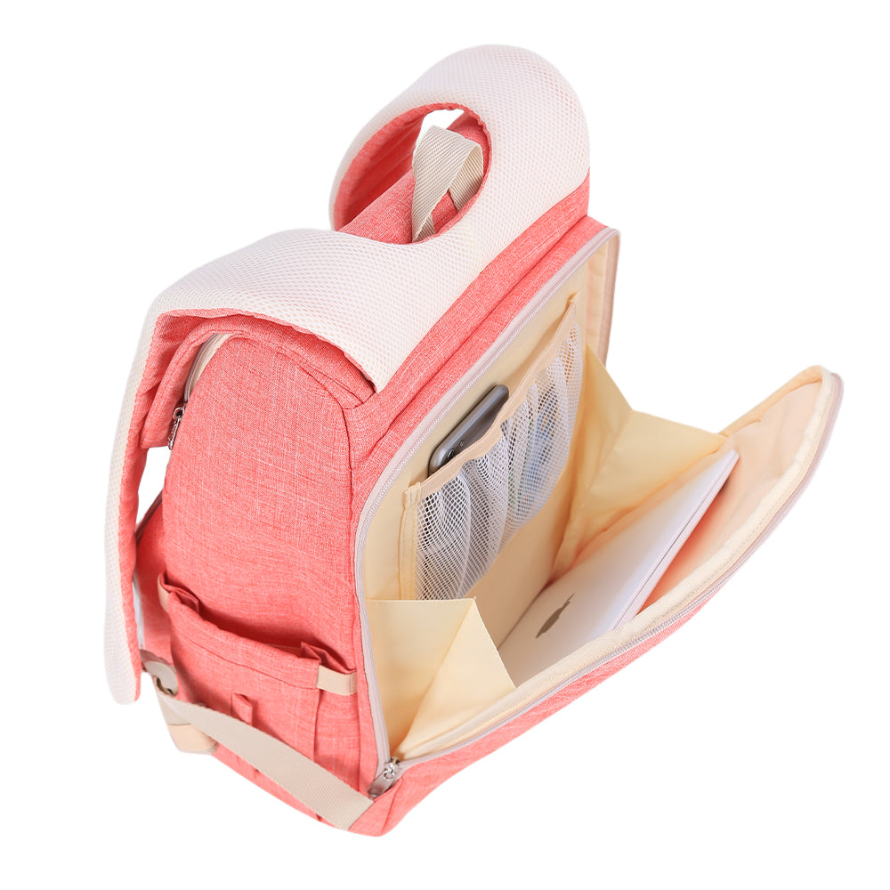 Maroon Chronos canvas diaper bag travel backpack with multiple compartments and adjustable straps, designed for parents on the go.