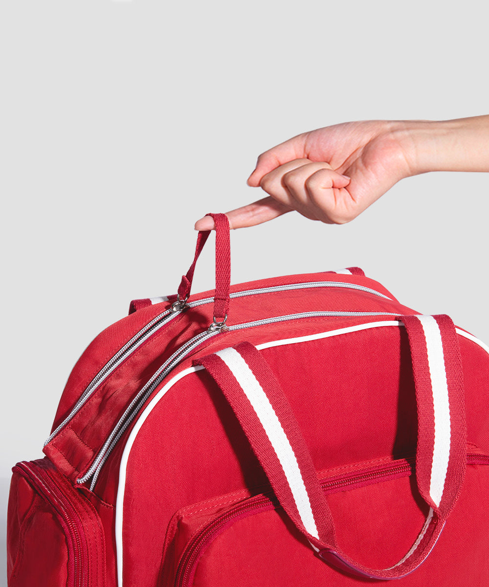 Large capacity Maroon Chronos diaper backpack for kids and babies, showing multiple compartments and adjustable straps.