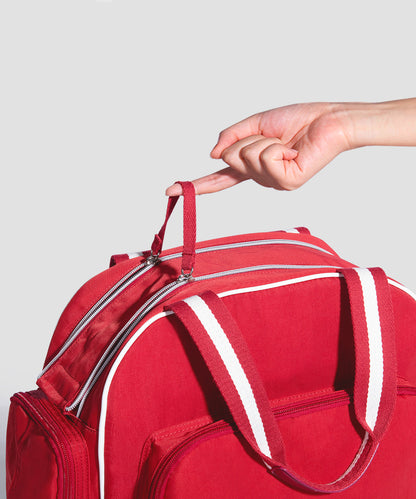 Large capacity Maroon Chronos diaper backpack for kids and babies, showing multiple compartments and adjustable straps.