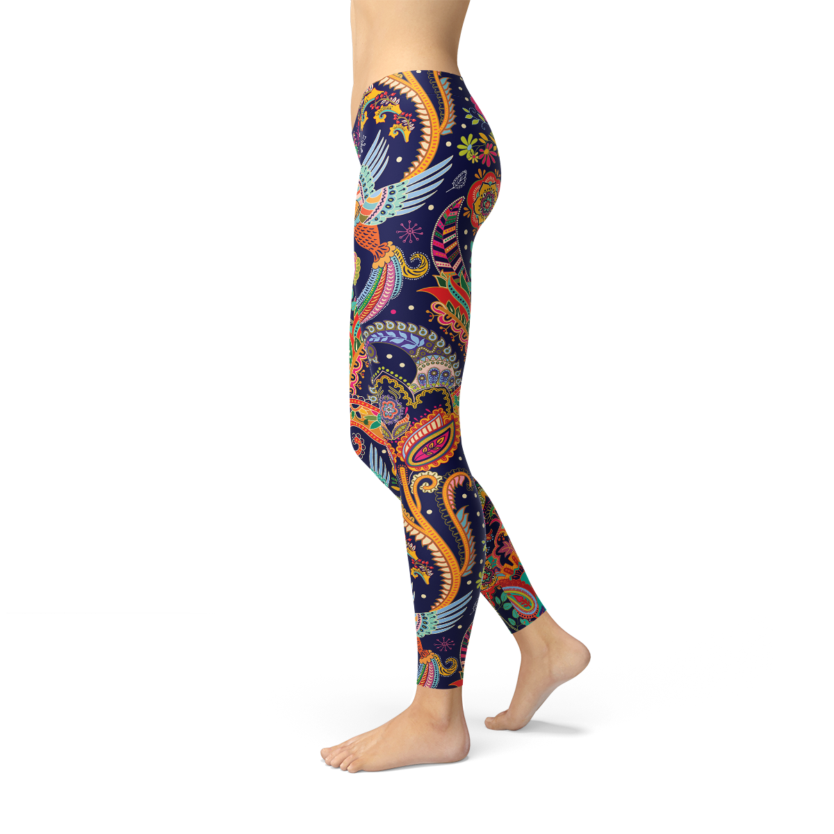 Womens ornamental blue paisley leggings by Maroon Sooty featuring intricate paisley patterns and a comfortable fit.