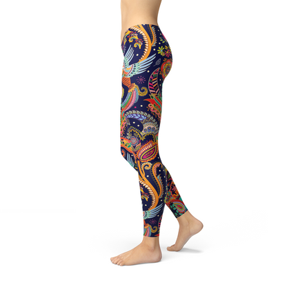 Womens ornamental blue paisley leggings by Maroon Sooty featuring intricate paisley patterns and a comfortable fit.