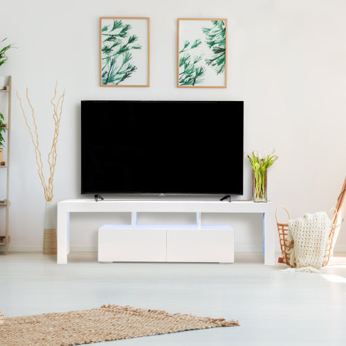 Modern Teal Simba TV stand with LED lighting, featuring sleek design and storage compartments for living room entertainment setup.