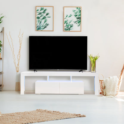 Modern Teal Simba TV stand with LED lighting, featuring sleek design and storage compartments for living room entertainment setup.