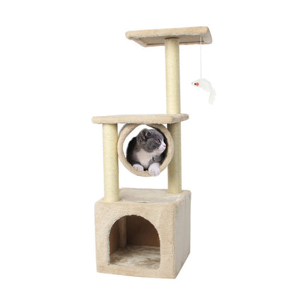 Yellow Pandora Cat Tree House Tower with multiple platforms, cozy hideouts, and scratching posts for pets.