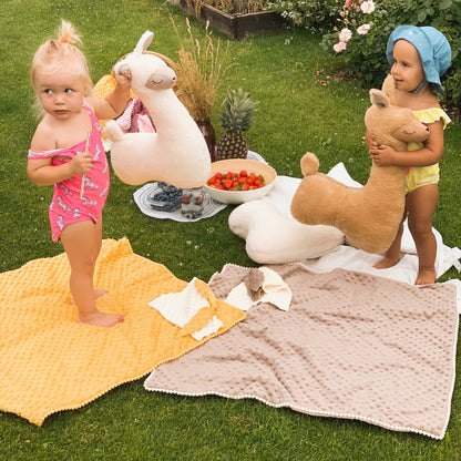Rusty brown Ochre Ares alpaca soft toy pillow with plush, cuddly texture, perfect for comfort and decorative use.