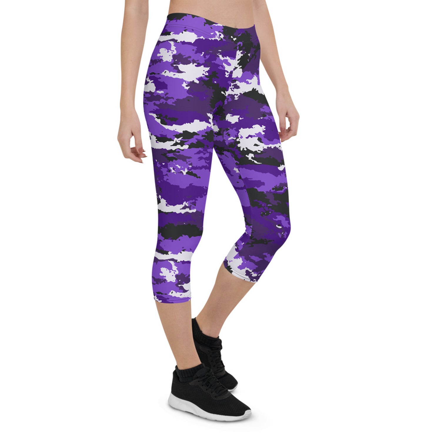 Maroon Sooty purple camo Capri leggings for activewear, featuring a fitted design and vibrant purple camouflage pattern.