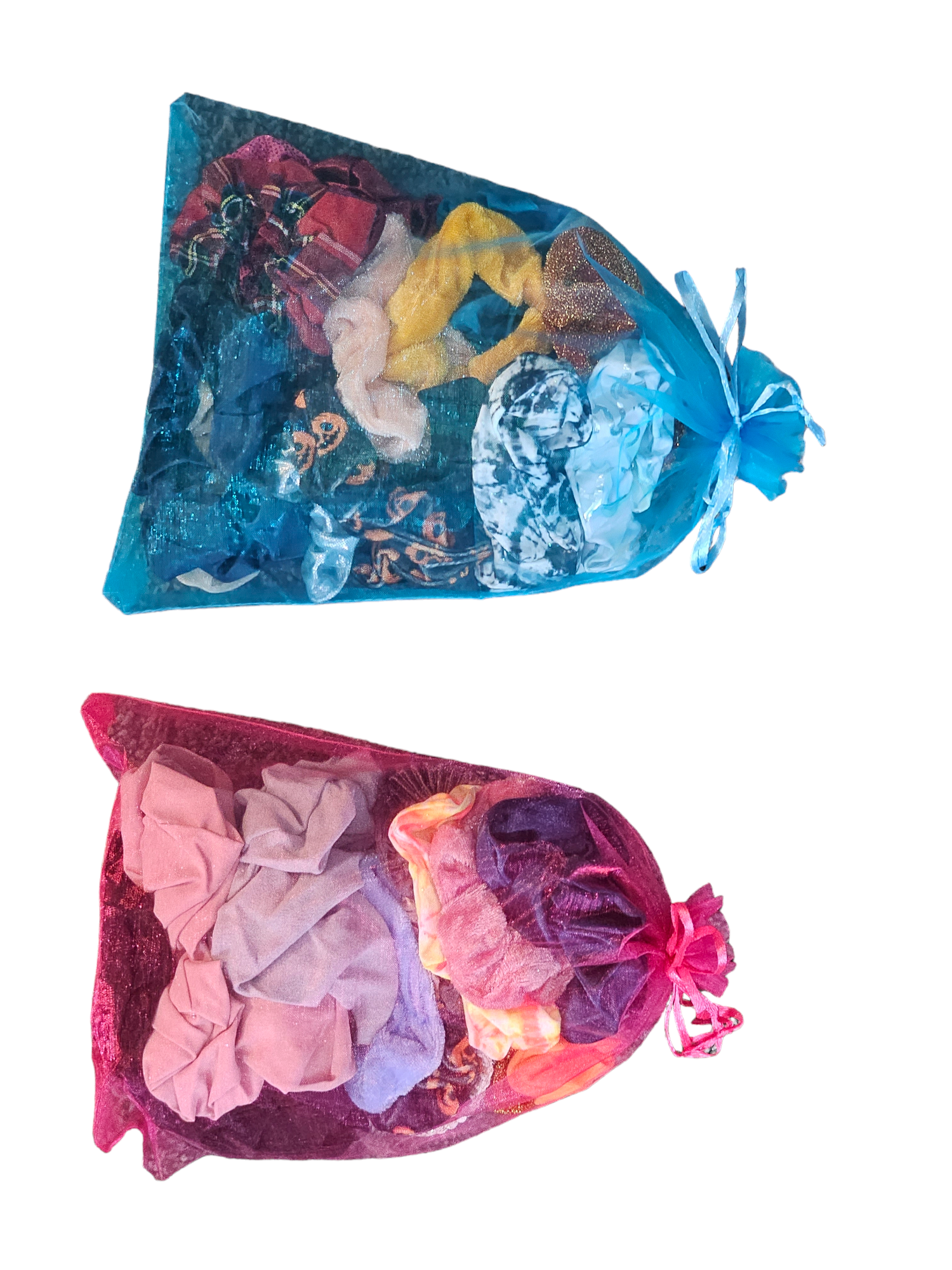 Sky Pandion chic assorted designer hair scrunchies 15-pack with trendy patterns, made of soft fabric for stylish hair accessories.