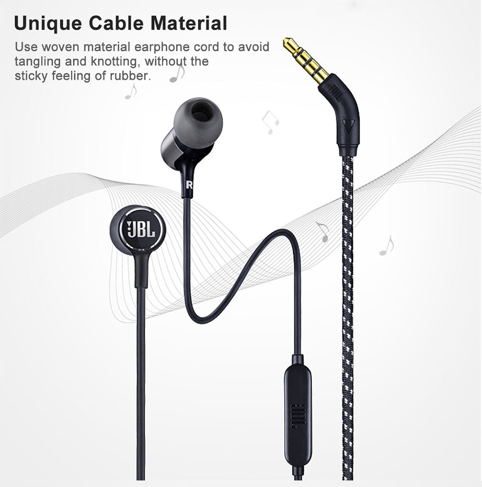 Teal Simba JBL LIVE100 wired earphones with 3.5mm jack, stereo sound, line control, and inline microphone for audio and video use.