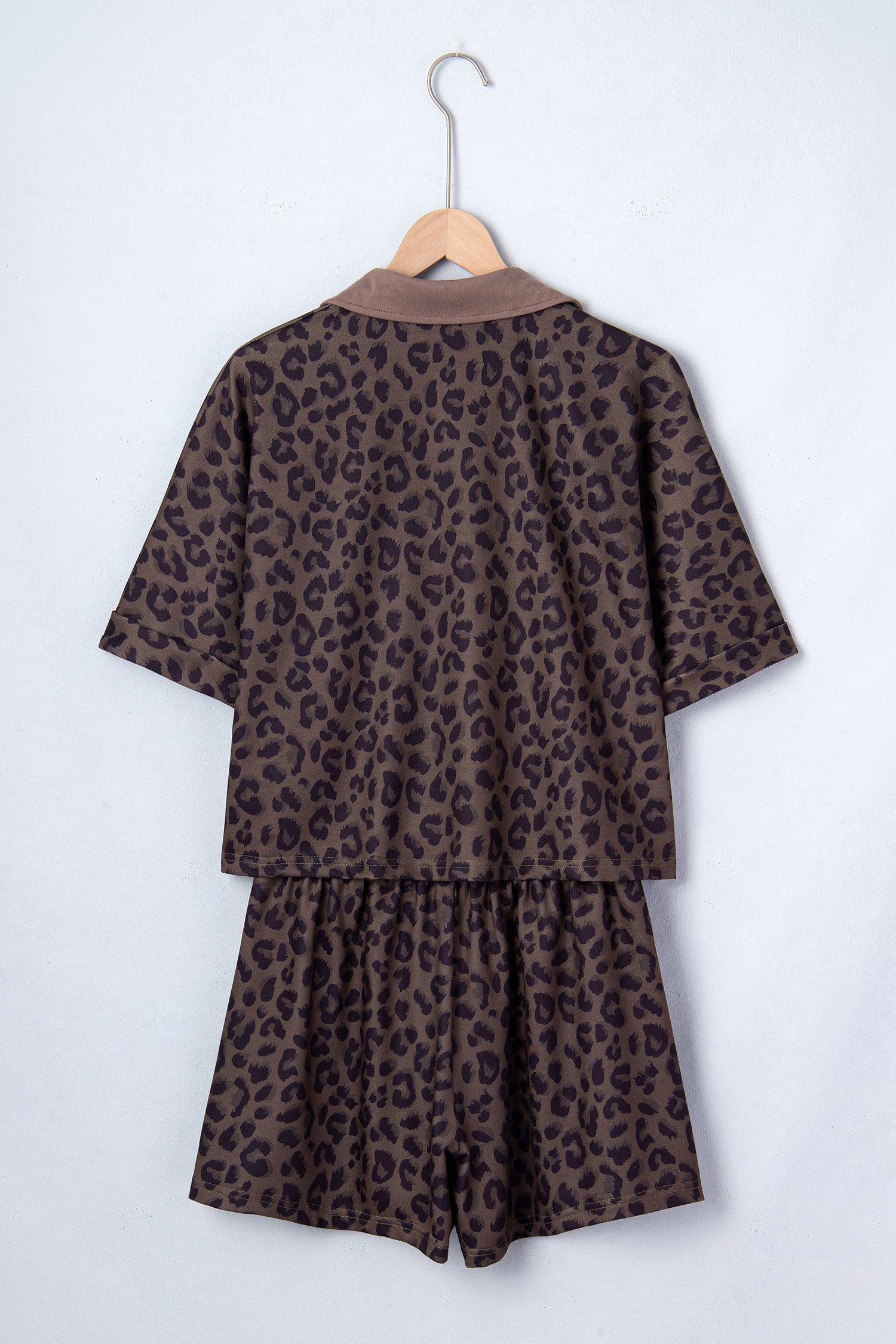 Byzantium Bay leopard print collared V-neck top and matching shorts set, stylish and comfortable summer outfit.