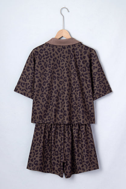 Byzantium Bay leopard print collared V-neck top and matching shorts set, stylish and comfortable summer outfit.