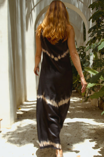Black Andromeda Silk Dress by Violet Apollo featuring elegant Shibori pattern, women&