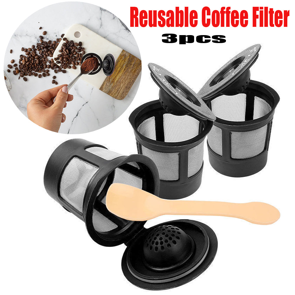 Three reusable coffee filter pods with a spoon from Teal Simba, designed for eco-friendly coffee brewing at home.