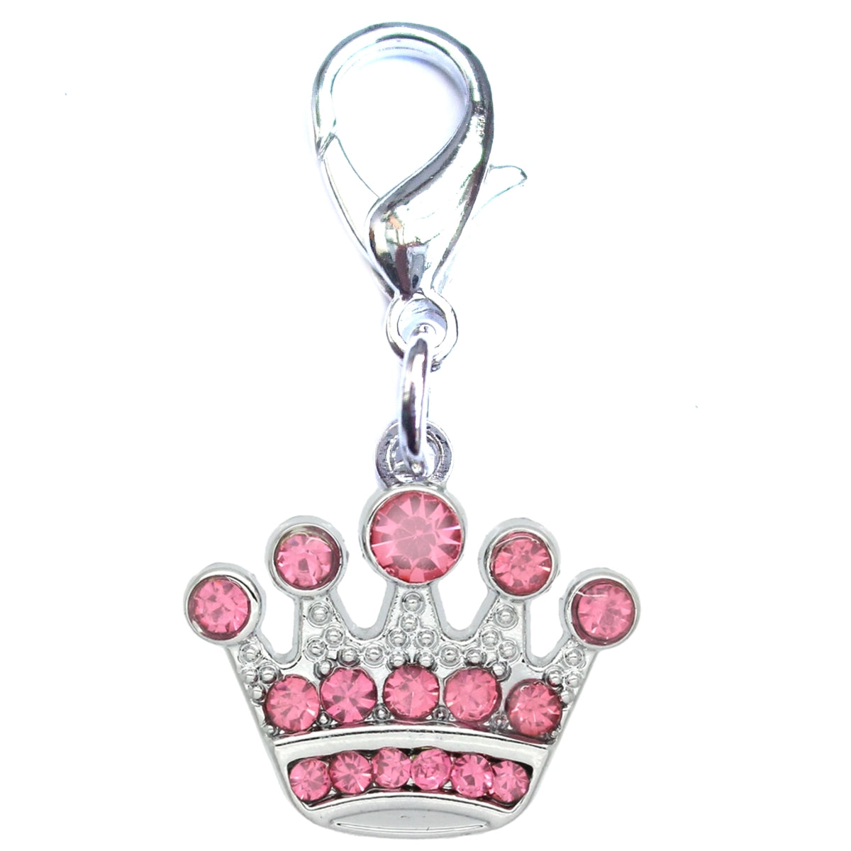 Silver crystal crown charm for dogs and cats, stylish pet jewelry from Salmon Oscar featuring sparkling gemstone accents.