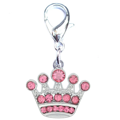 Silver crystal crown charm for dogs and cats, stylish pet jewelry from Salmon Oscar featuring sparkling gemstone accents.