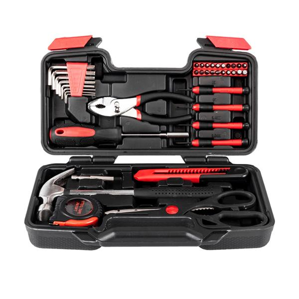 Set of 39 home hand tools including measuring tape, pliers, and screwdrivers from Lilac Milo in a compact tool kit.