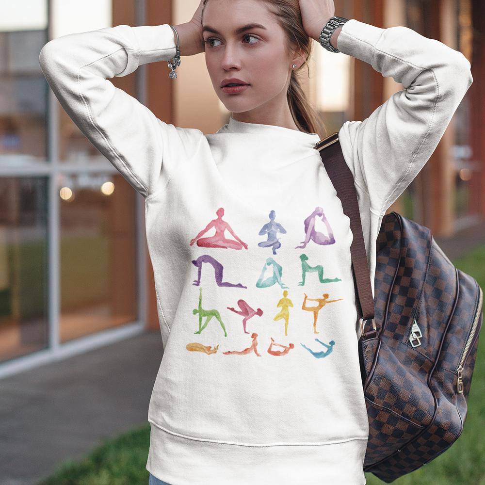 Yellow Pandora yoga theme crewneck sweatshirt featuring a comfortable fit and printed yoga-inspired design.
