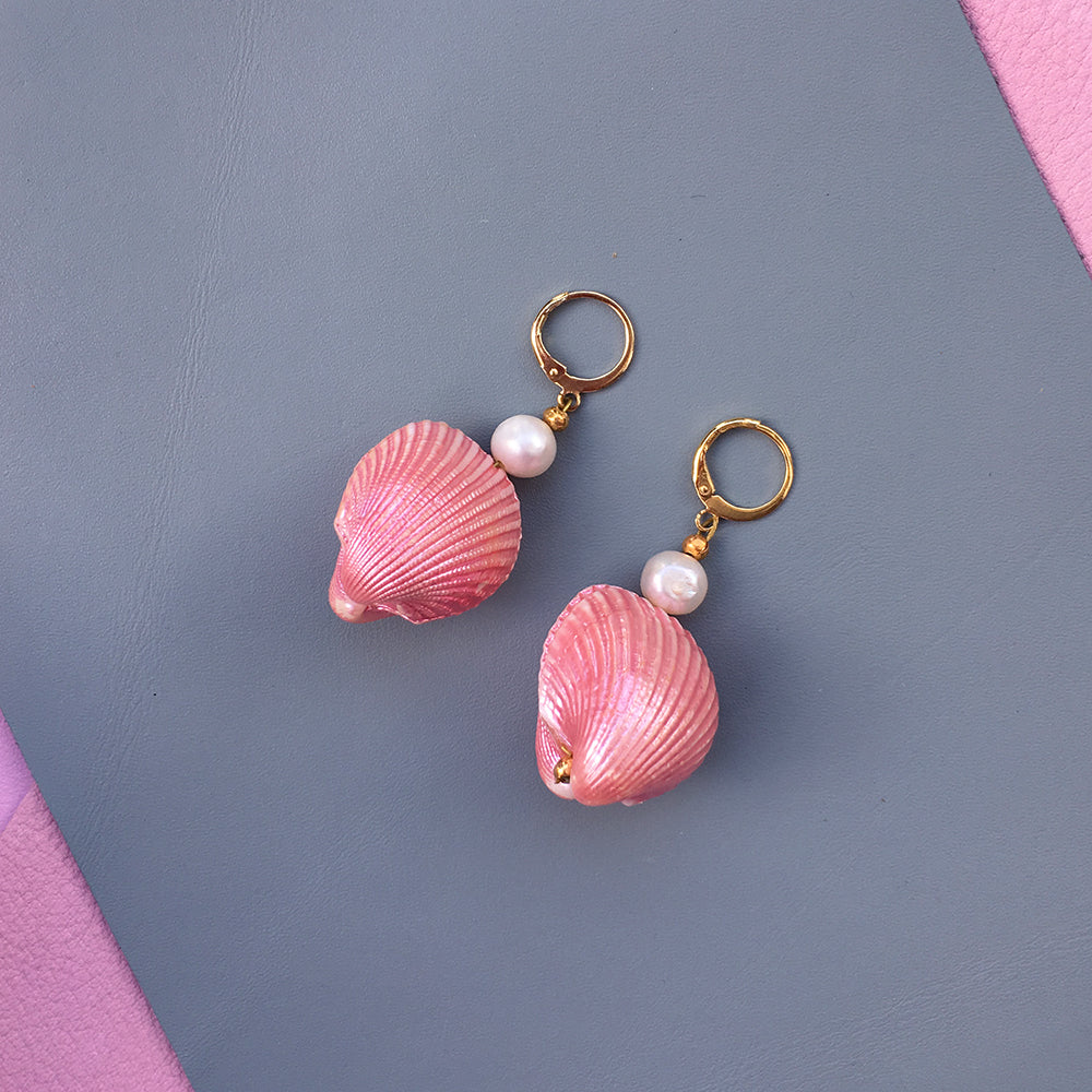 Yellow Athena Candy Shell Pearl Earrings, elegant gold-tone earrings with large pearl accents and candy shell design.