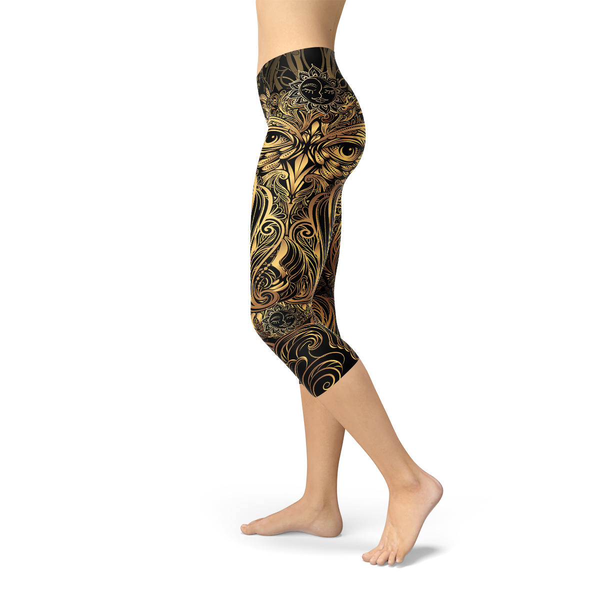 Womens golden ornament owl Capri leggings by Maroon Sooty featuring an owl and gold decorative patterns.