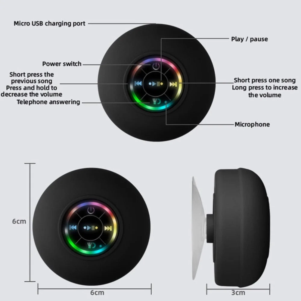 Lilac Milo mini portable waterproof RGB Bluetooth speaker with suction cup, shown on a flat surface with colorful LED lights.