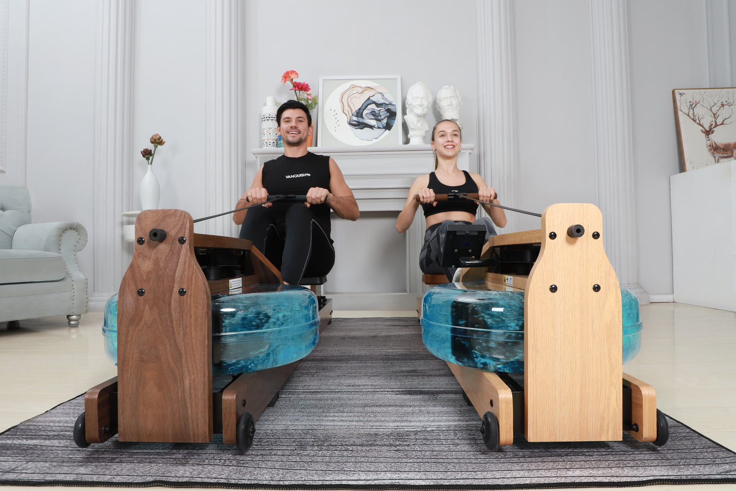 Solid wood Topiom rowing machine with TM3 monitor by Olive Nyx, designed for home fitness and full-body workout.