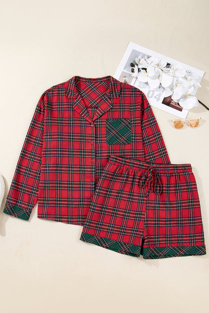 Plus size Christmas plaid shirt and shorts pajama set by Byzantium Bay, featuring festive red and green plaid fabric.