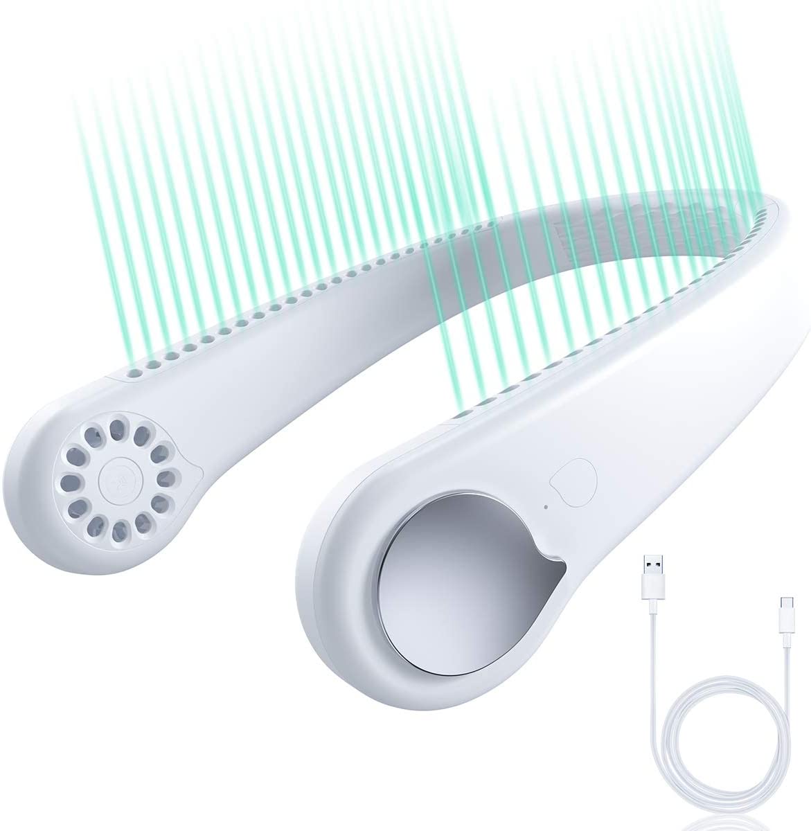 Teal Simba portable mini bladeless neck fan, rechargeable summer cooling fan worn around the neck, lightweight tech accessory.