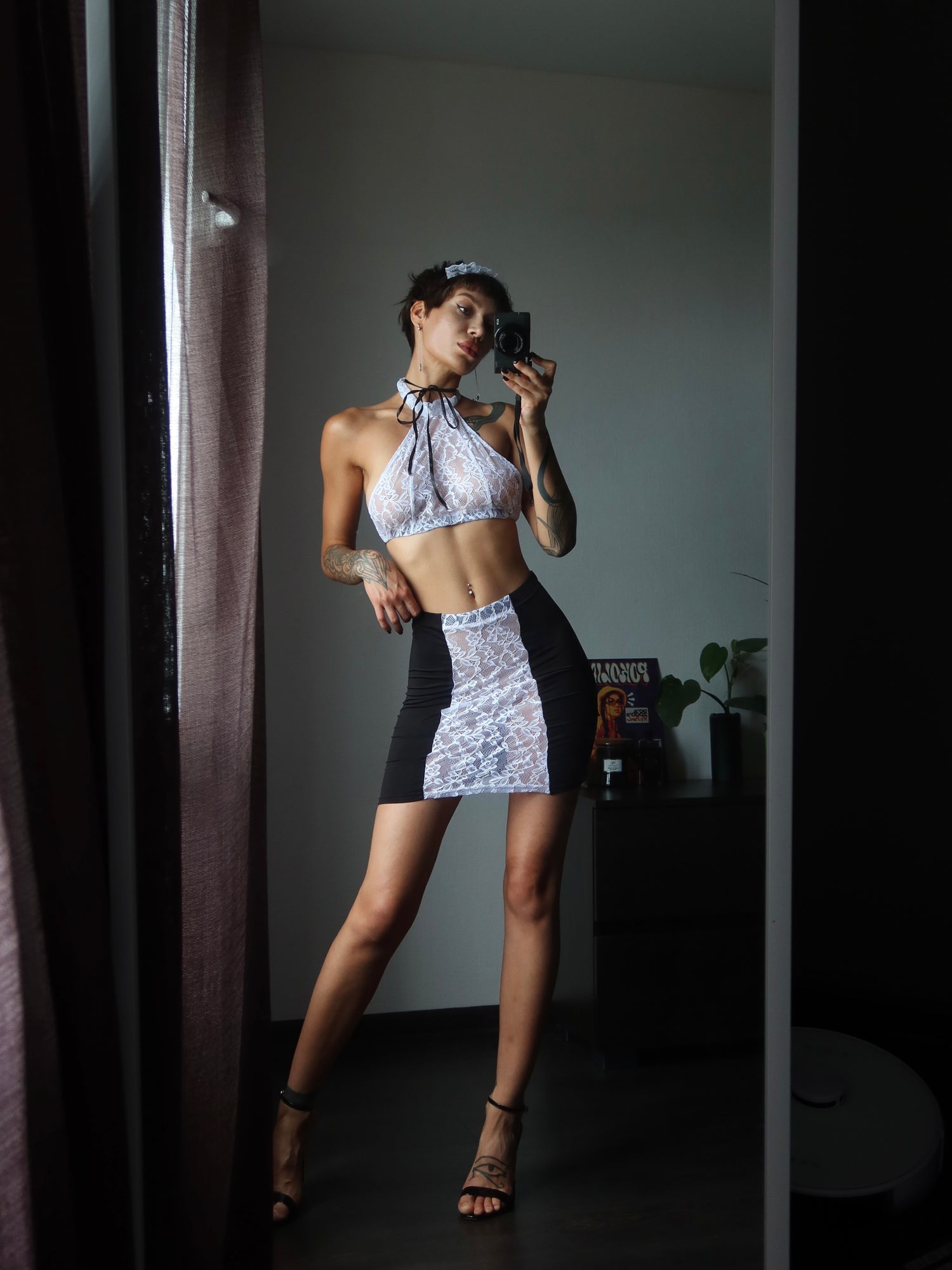 Sexy French Maid lingerie set by Brown Hercules featuring black lace and satin, includes maid costume with apron and matching accessories.