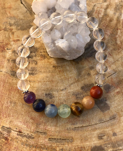 Handmade Chakra and Crystal Quartz Stretch Bracelet featuring natural stones, designed for spiritual balance and style.