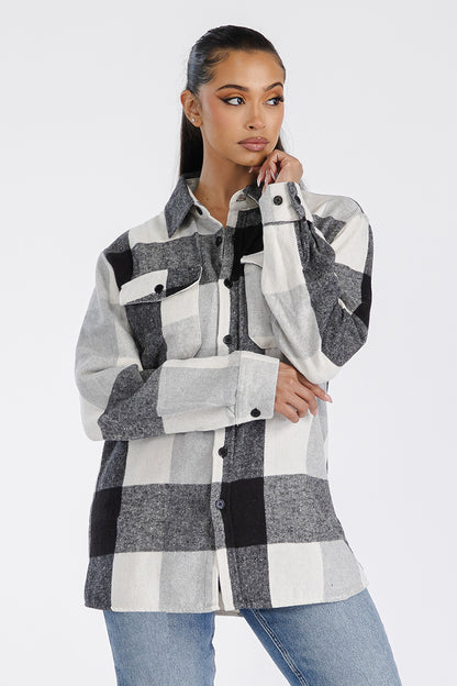 Lime Milo Boyfriend oversized soft flannel shacket in a cozy plaid pattern, perfect for casual layered look.