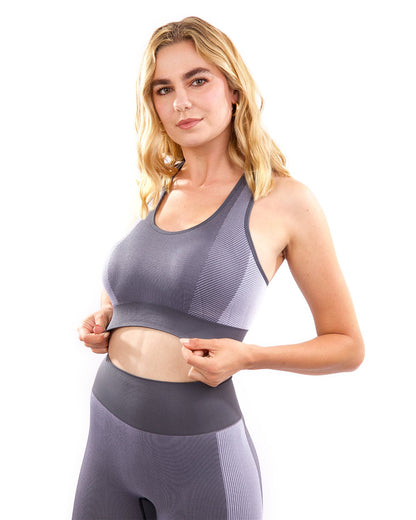 Grey Lazurite Arleta Seamless Sports Bra for women, showing the comfortable, stretchy design and smooth fabric.