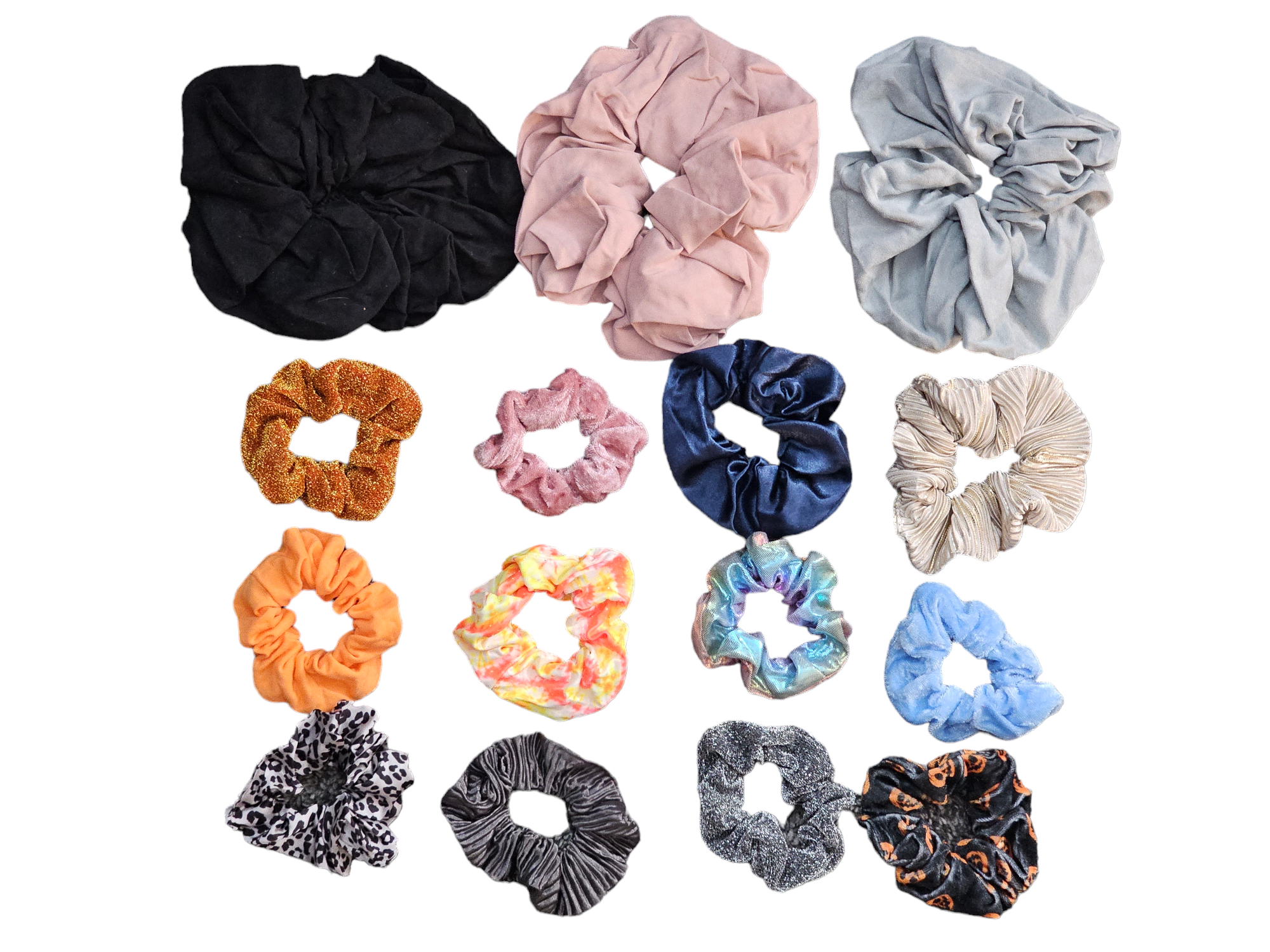 Set of 15 assorted designer hair scrunchies in trendy patterns by Sky Pandion, showcasing colorful fabric and elastic bands.