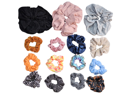 Set of 15 assorted designer hair scrunchies in trendy patterns by Sky Pandion, showcasing colorful fabric and elastic bands.