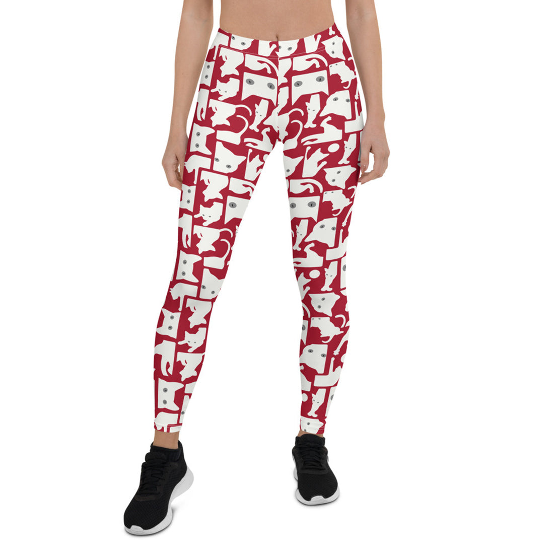 Women’s white cat silhouette leggings by Start2Finish, featuring a red background with a feline design on stretchy fabric.