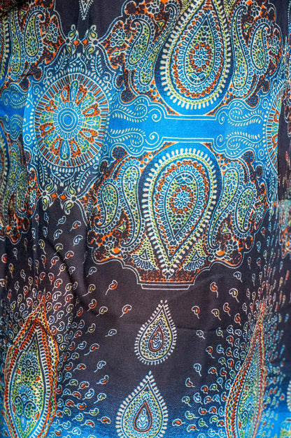 Turquoise paisley harem pants with boho style, loose fit, and hippie-inspired design by Tan Smokey.