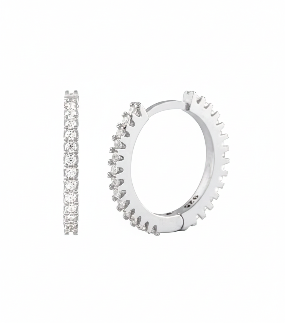 Sterling silver 15mm half eternity hoop earrings with sparkling zircon stones, from Ochre Juniper.