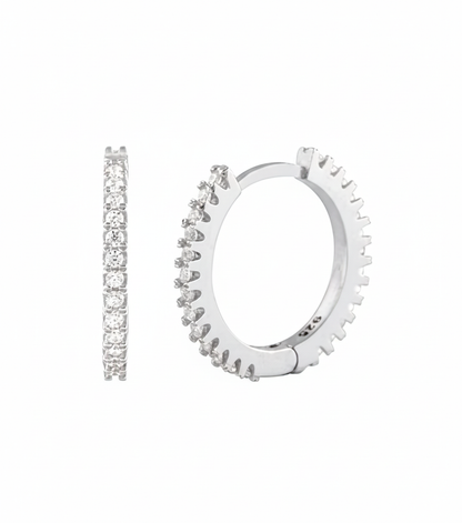 Sterling silver 15mm half eternity hoop earrings with sparkling zircon stones, from Ochre Juniper.