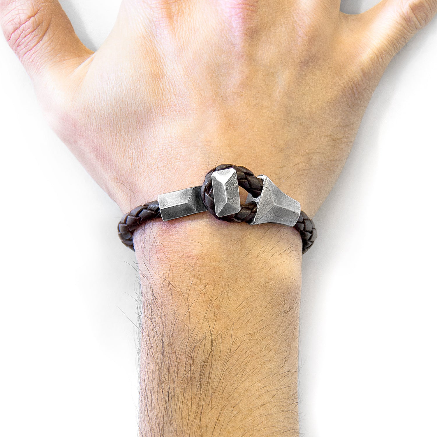 Cacao Brown Alderney silver and braided leather bracelet by Magenta Sooty, featuring silver accents and woven leather band.