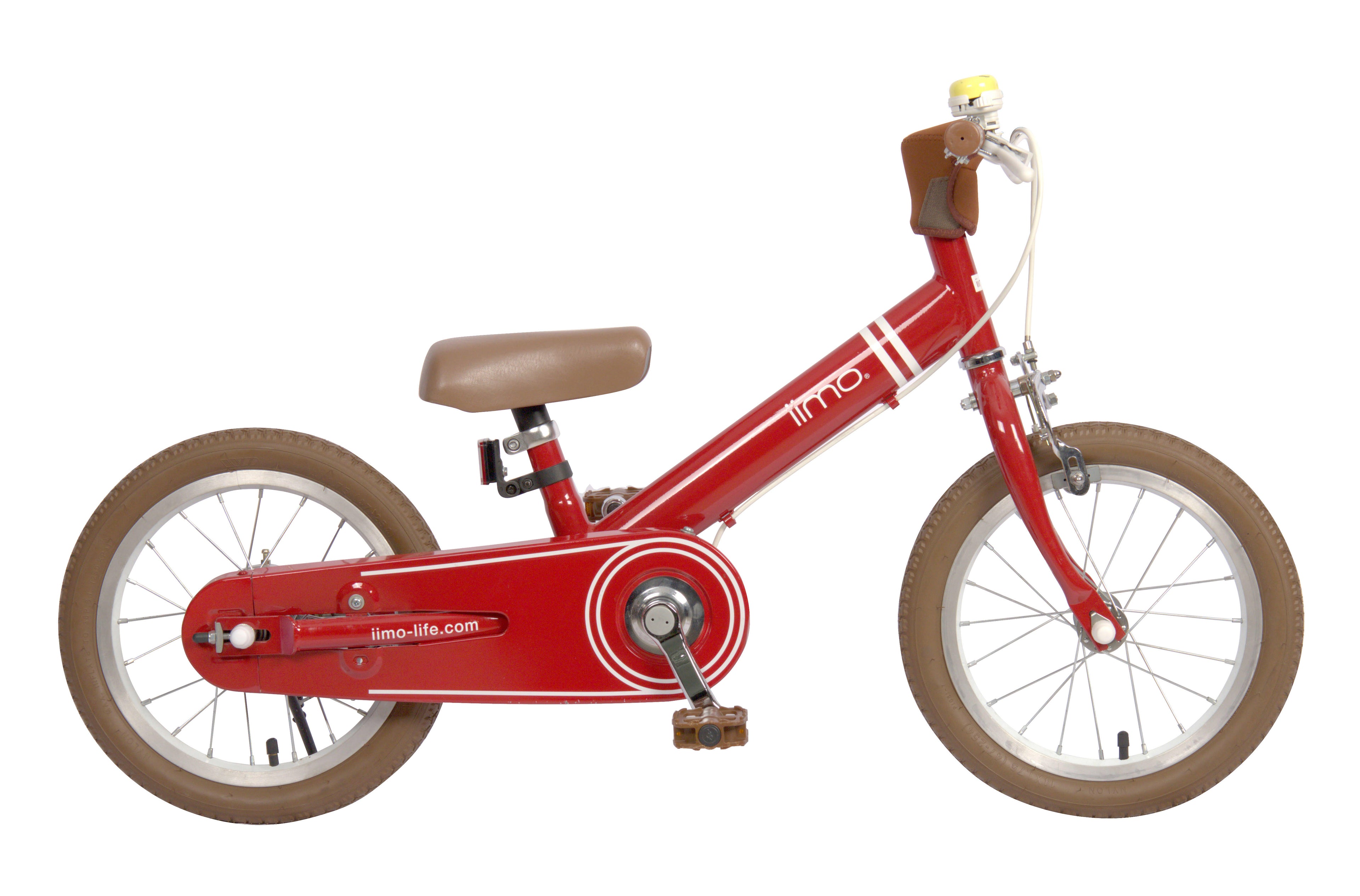 Purple Phaedra iimo 2-in-1 14-inch balance bike and pedal bike for children, featuring a sturdy frame and colorful design.