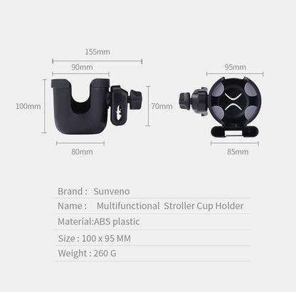 Maroon Chronos universal stroller cup holder attached to a bike, securely holding a water bottle for convenient access.