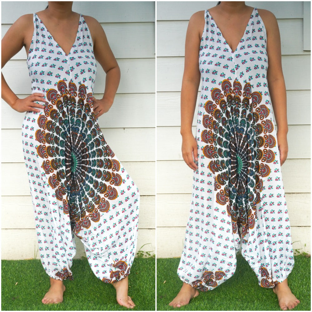 Tan Smokey Chakra Hippie jumpsuit with boho style, featuring flowing fabric and festival-ready design, perfect for bohemian fashion.