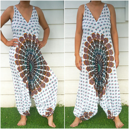 Tan Smokey Chakra Hippie jumpsuit with boho style, featuring flowing fabric and festival-ready design, perfect for bohemian fashion.